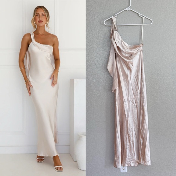 Selfie Leslie Dresses & Skirts - Selfie Leslie ROMANTIC TALES SATIN ONE SHOULDER MAXI DRESS CHAMPAGNE